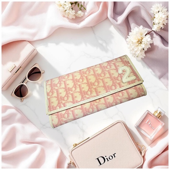 Christian Dior Trotter Pink Number 2 Logo Long Wallet w/ unbranded 47" chain - Picture 1 of 17